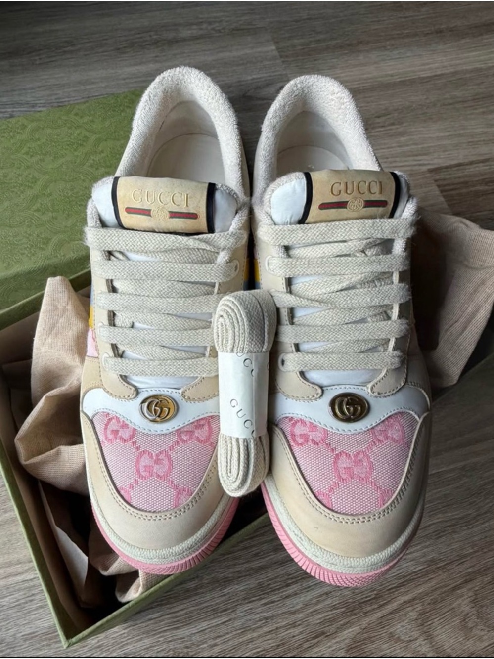 Gucci Cream, Pink & Yellow Low-Top Sneakers - Picture 5 of 5